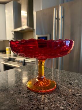 Red and Amber Glass Compote Pedestal Bowl - Decorative Home Art